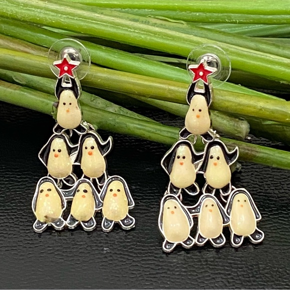 Enameled Christmas Tree Penguin Earrings - Picture 4 of 12